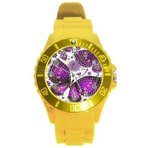 Purple Butterflies, Abstract, Floral, Flowers Round Plastic Sport Watch (L) from ArtsNow.com Front