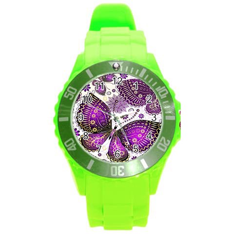 Purple Butterflies, Abstract, Floral, Flowers Round Plastic Sport Watch (L) from ArtsNow.com Front