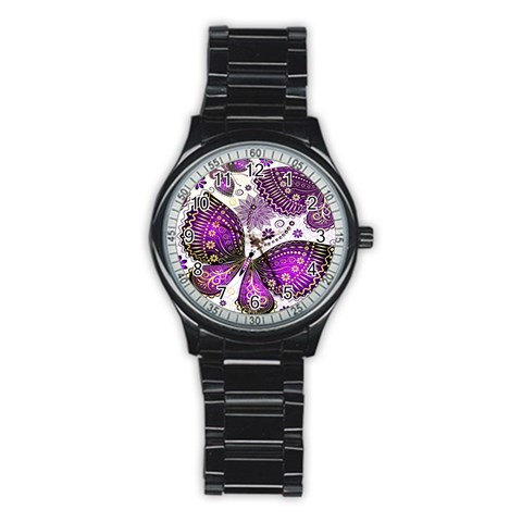 Purple Butterflies, Abstract, Floral, Flowers Stainless Steel Round Watch from ArtsNow.com Front