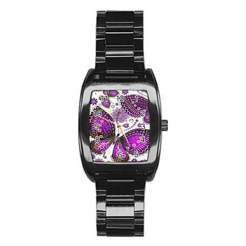 Purple Butterflies, Abstract, Floral, Flowers Stainless Steel Barrel Watch from ArtsNow.com Front