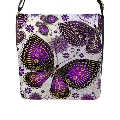 Purple Butterflies, Abstract, Floral, Flowers Flap Closure Messenger Bag (L) from ArtsNow.com Front