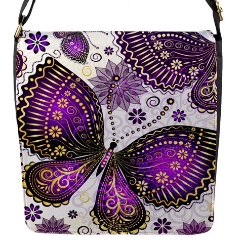 Purple Butterflies, Abstract, Floral, Flowers Flap Closure Messenger Bag (S) from ArtsNow.com Front