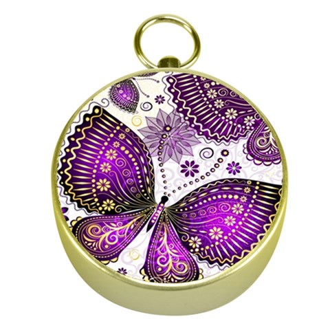 Purple Butterflies, Abstract, Floral, Flowers Gold Compasses from ArtsNow.com Front