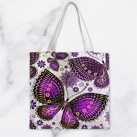 Purple Butterflies, Abstract, Floral, Flowers Zipper Grocery Tote Bag from ArtsNow.com Front