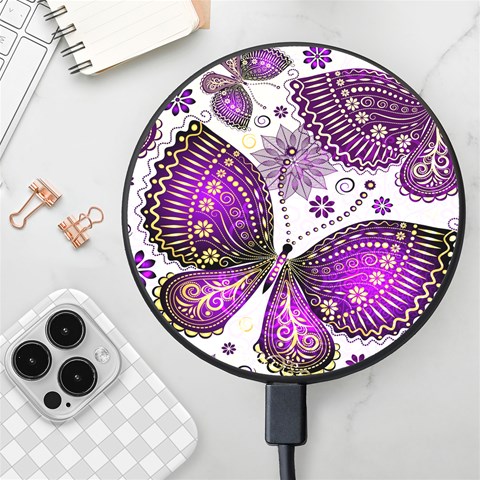 Purple Butterflies, Abstract, Floral, Flowers Wireless Fast Charger(Black) from ArtsNow.com Front