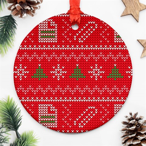 Red Christmas Pattern Xmas Decorations, Christmas Knitted Texture Ornament (Round) from ArtsNow.com Front