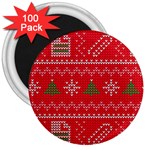 Red Christmas Pattern Xmas Decorations, Christmas Knitted Texture 3  Magnets (100 pack)