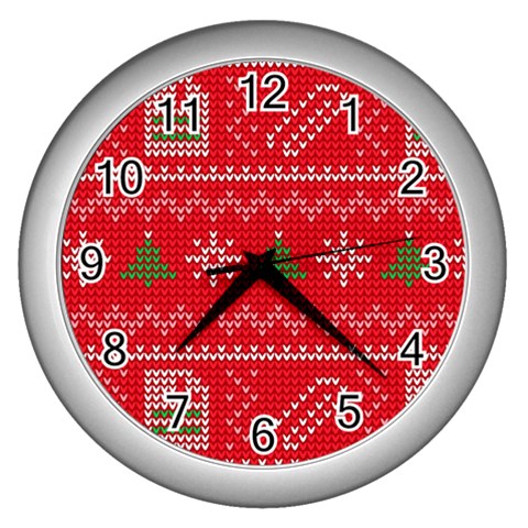 Red Christmas Pattern Xmas Decorations, Christmas Knitted Texture Wall Clock (Silver) from ArtsNow.com Front