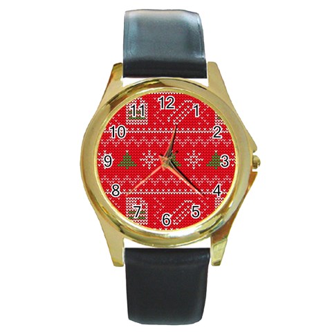 Red Christmas Pattern Xmas Decorations, Christmas Knitted Texture Round Gold Metal Watch from ArtsNow.com Front