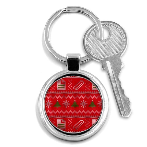 Red Christmas Pattern Xmas Decorations, Christmas Knitted Texture Key Chain (Round) from ArtsNow.com Front