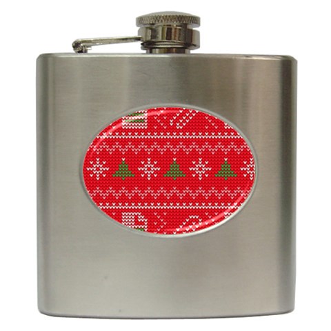 Red Christmas Pattern Xmas Decorations, Christmas Knitted Texture Hip Flask (6 oz) from ArtsNow.com Front