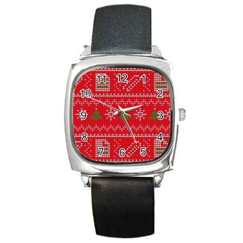 Red Christmas Pattern Xmas Decorations, Christmas Knitted Texture Square Metal Watch from ArtsNow.com Front