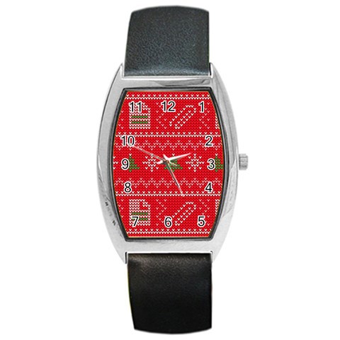 Red Christmas Pattern Xmas Decorations, Christmas Knitted Texture Barrel Style Metal Watch from ArtsNow.com Front