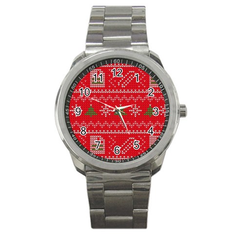 Red Christmas Pattern Xmas Decorations, Christmas Knitted Texture Sport Metal Watch from ArtsNow.com Front