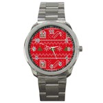 Red Christmas Pattern Xmas Decorations, Christmas Knitted Texture Sport Metal Watch