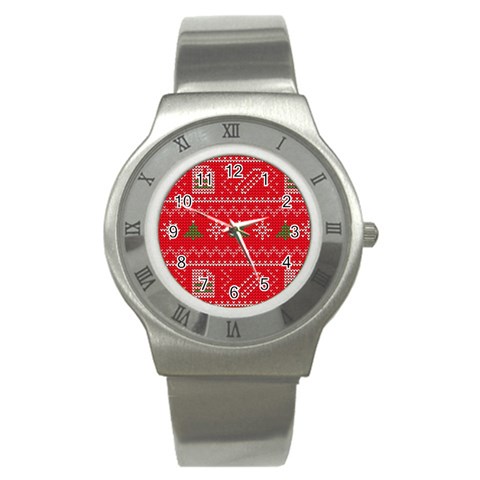 Red Christmas Pattern Xmas Decorations, Christmas Knitted Texture Stainless Steel Watch from ArtsNow.com Front