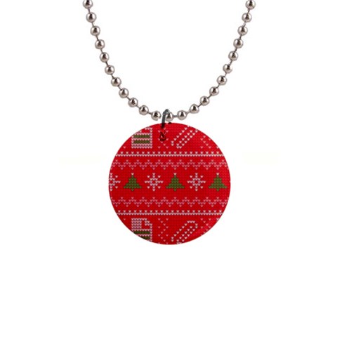 Red Christmas Pattern Xmas Decorations, Christmas Knitted Texture 1  Button Necklace from ArtsNow.com Front