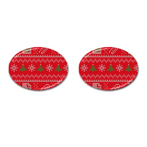 Red Christmas Pattern Xmas Decorations, Christmas Knitted Texture Cufflinks (Oval) from ArtsNow.com Front(Pair)