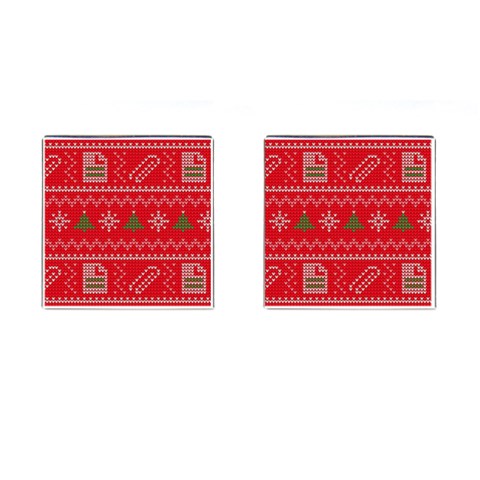 Red Christmas Pattern Xmas Decorations, Christmas Knitted Texture Cufflinks (Square) from ArtsNow.com Front(Pair)