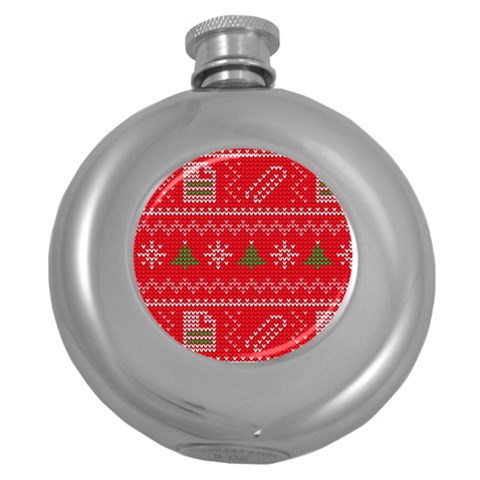 Red Christmas Pattern Xmas Decorations, Christmas Knitted Texture Round Hip Flask (5 oz) from ArtsNow.com Front