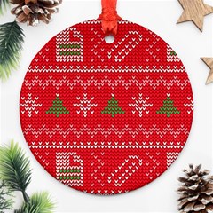 Red Christmas Pattern Xmas Decorations, Christmas Knitted Texture Round Ornament (Two Sides) from ArtsNow.com Front