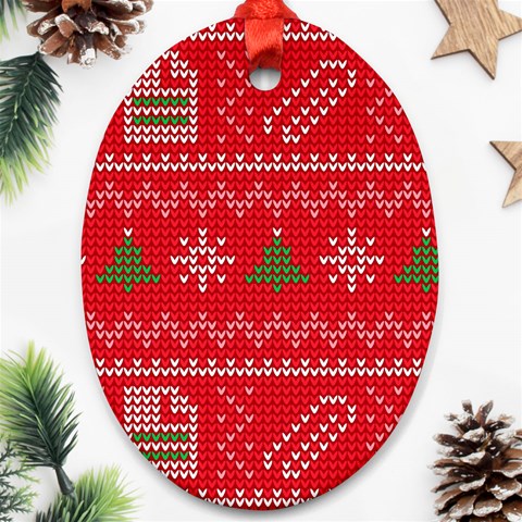 Red Christmas Pattern Xmas Decorations, Christmas Knitted Texture Oval Ornament (Two Sides) from ArtsNow.com Front