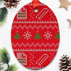 Red Christmas Pattern Xmas Decorations, Christmas Knitted Texture Oval Ornament (Two Sides) from ArtsNow.com Front