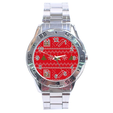 Red Christmas Pattern Xmas Decorations, Christmas Knitted Texture Stainless Steel Analogue Watch from ArtsNow.com Front