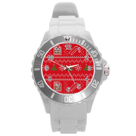 Red Christmas Pattern Xmas Decorations, Christmas Knitted Texture Round Plastic Sport Watch (L) from ArtsNow.com Front