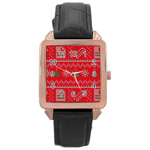 Red Christmas Pattern Xmas Decorations, Christmas Knitted Texture Rose Gold Leather Watch  from ArtsNow.com Front