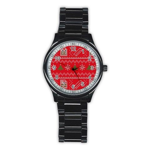 Red Christmas Pattern Xmas Decorations, Christmas Knitted Texture Stainless Steel Round Watch from ArtsNow.com Front