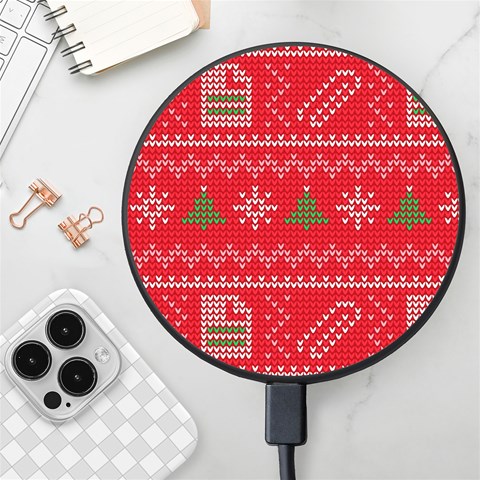 Red Christmas Pattern Xmas Decorations, Christmas Knitted Texture Wireless Fast Charger(Black) from ArtsNow.com Front