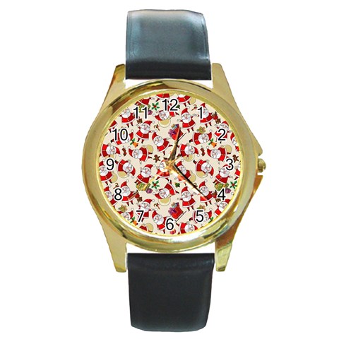 Santa Claus Patterns, Christmas Decorations Round Gold Metal Watch from ArtsNow.com Front