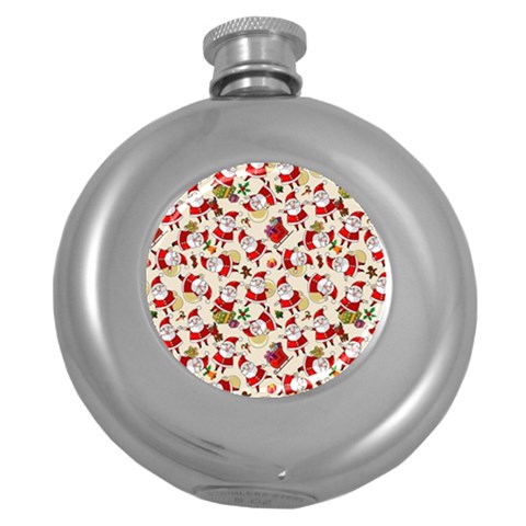 Santa Claus Patterns, Christmas Decorations Round Hip Flask (5 oz) from ArtsNow.com Front