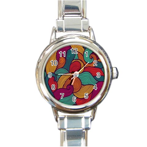 Swirly, Abstract, Multi Colored, Pattern, Round Italian Charm Watch from ArtsNow.com Front