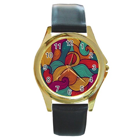 Swirly, Abstract, Multi Colored, Pattern, Round Gold Metal Watch from ArtsNow.com Front