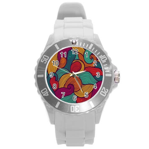 Swirly, Abstract, Multi Colored, Pattern, Round Plastic Sport Watch (L) from ArtsNow.com Front