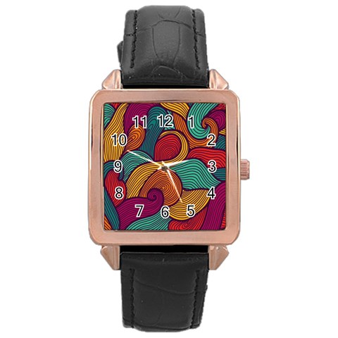 Swirly, Abstract, Multi Colored, Pattern, Rose Gold Leather Watch  from ArtsNow.com Front