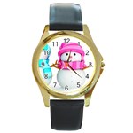 Two Snowmen, Round Gold Metal Watch