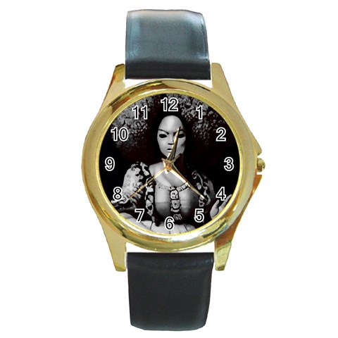 Vintage afro style doll illustration (IA&Human) Round Gold Metal Watch from ArtsNow.com Front