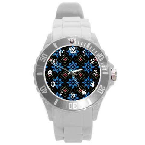 Flower Pattern Flora Floral Seamless Round Plastic Sport Watch (L) from ArtsNow.com Front