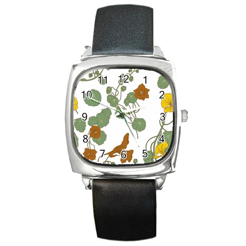 Nasturtium Flowers Plant Leaves Square Metal Watch from ArtsNow.com Front