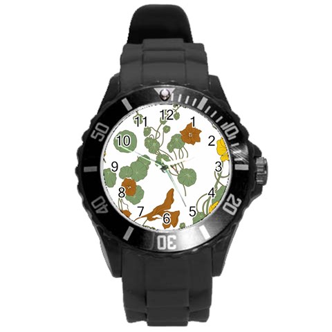 Nasturtium Flowers Plant Leaves Round Plastic Sport Watch (L) from ArtsNow.com Front