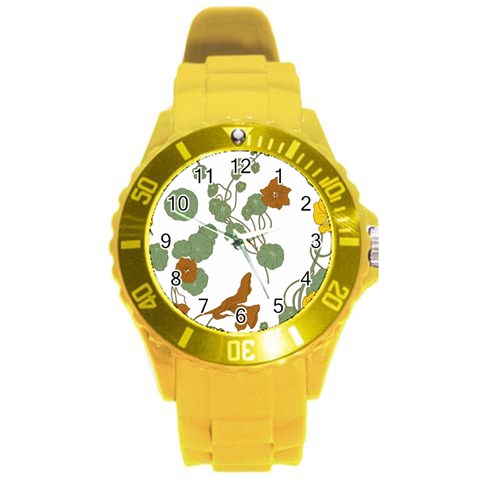 Nasturtium Flowers Plant Leaves Round Plastic Sport Watch (L) from ArtsNow.com Front