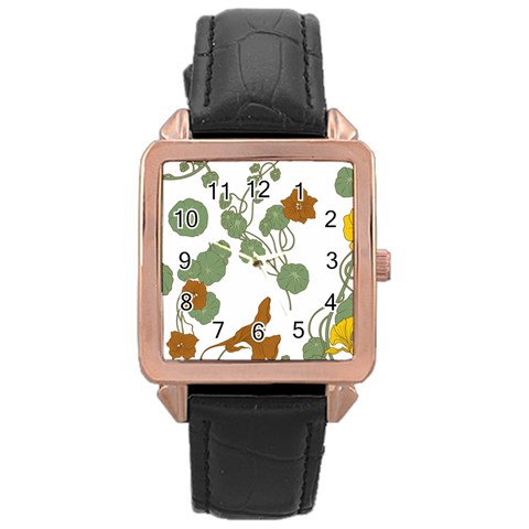 Nasturtium Flowers Plant Leaves Rose Gold Leather Watch  from ArtsNow.com Front