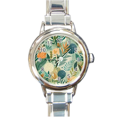 Leaves Pattern Flora Round Italian Charm Watch from ArtsNow.com Front