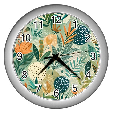 Leaves Pattern Flora Wall Clock (Silver) from ArtsNow.com Front