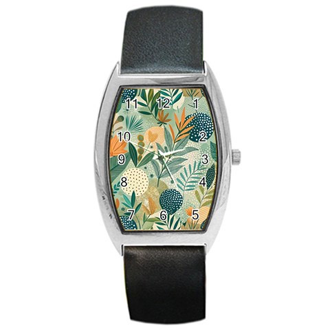 Leaves Pattern Flora Barrel Style Metal Watch from ArtsNow.com Front