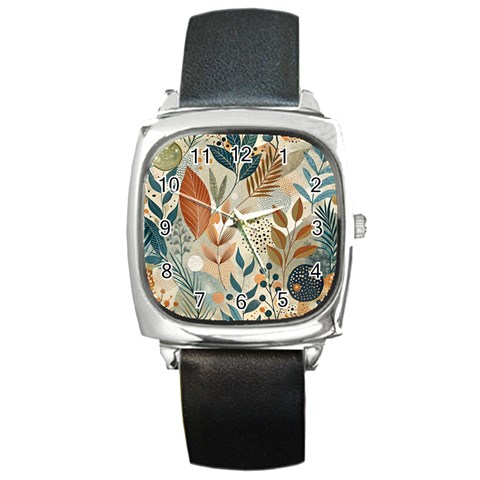 Leaves Pattern Floral Square Metal Watch from ArtsNow.com Front