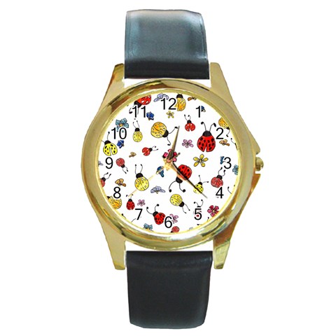 Seamless Pattern Nature Flowers Round Gold Metal Watch from ArtsNow.com Front